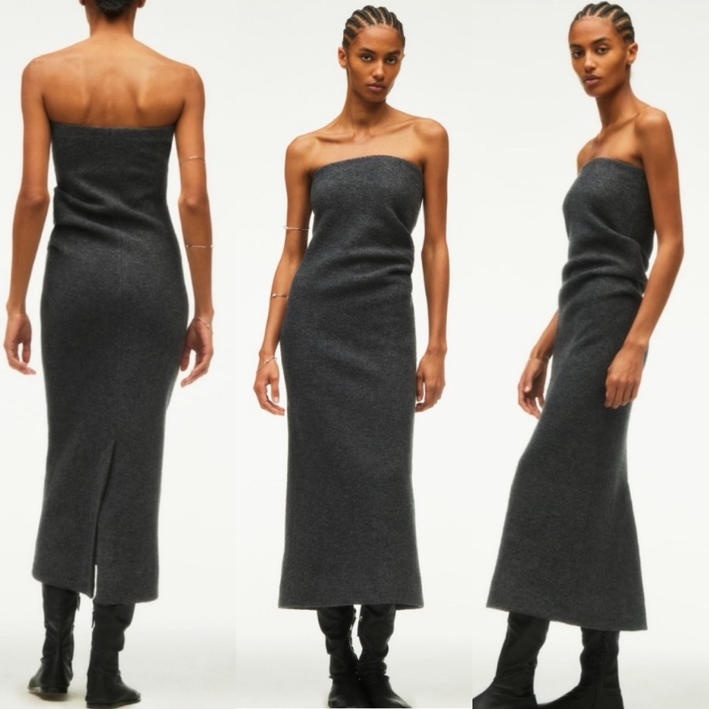 🩶 ZARA GREY WOOL STRAPLESS FITTED RUCHED MIDI DRESS! - Picture 7 of 16